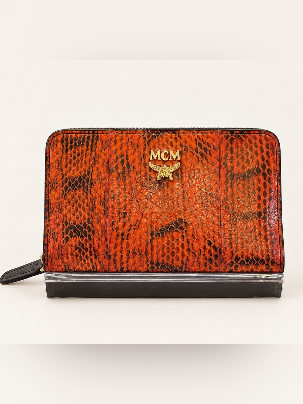 MCM Authentic Orange & Black Python & Leather Wallet with Gold-Tone Logo & COA